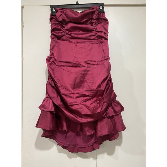 Selfie Leslie Mini Dress Sz XL Plum Strapless Tied Back Layer Frill Hem Ruched - Picture 7 of 16